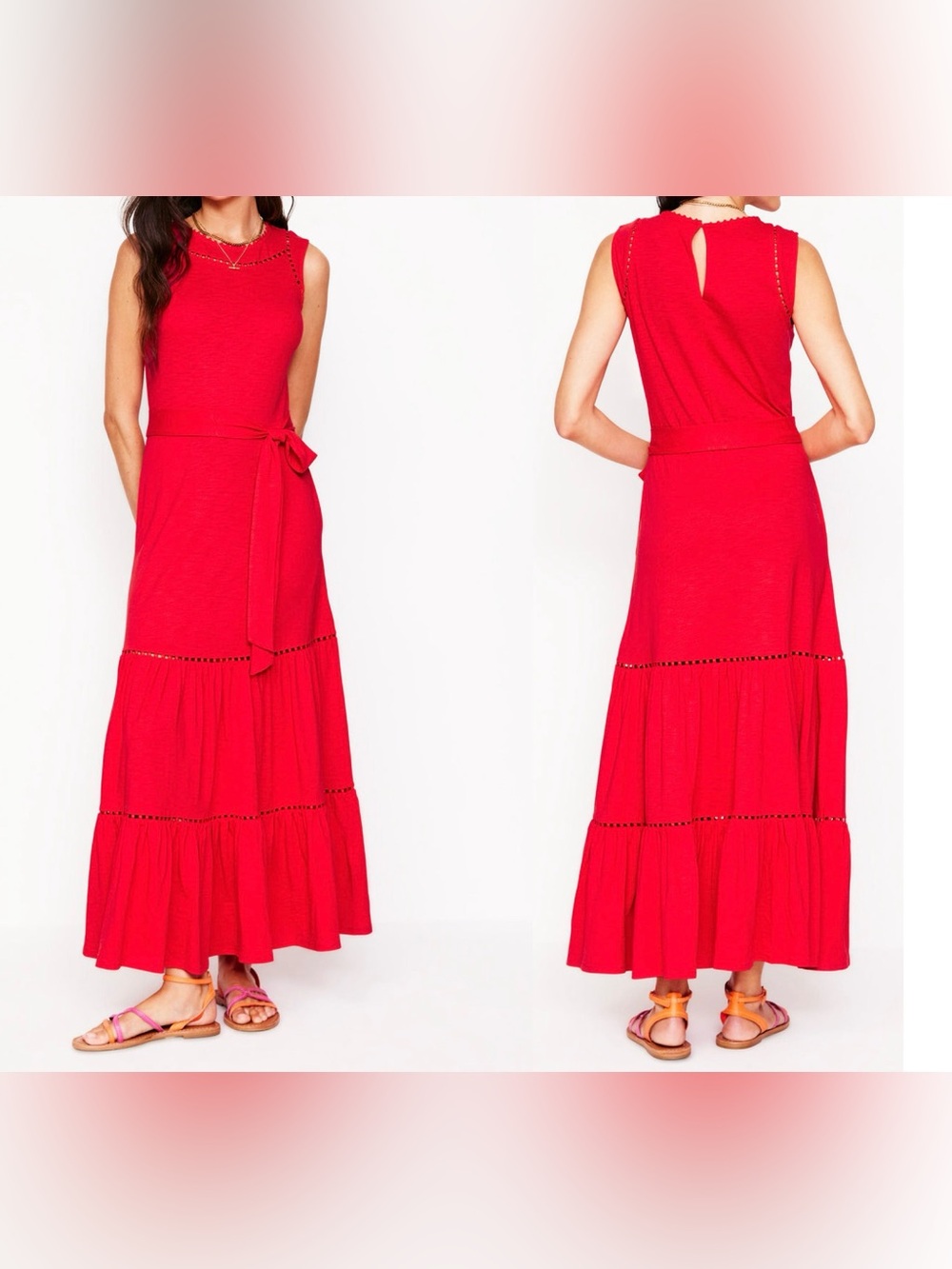 Boden Mila Trim Tiered Jersey Maxi Dress Poppy Red Orange Belted Summer US 6 P